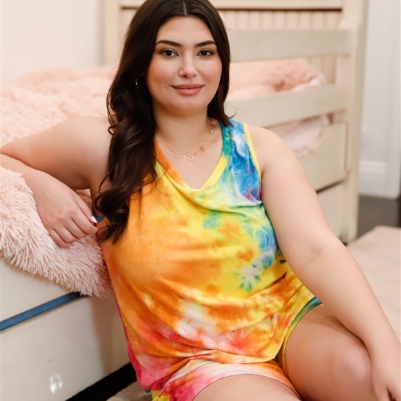 Junior Plus Size Rainbow Tie-Dye Sleeveless Tank Top & Shorts Set - Picture 1 of 4